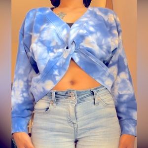 Blue & White Tie-Dye Cropped Sweater